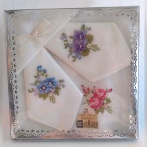 NIB Swiss Made Alba 100% Cotton Petit Point Embroidery Hankies/ set 3 Vintage